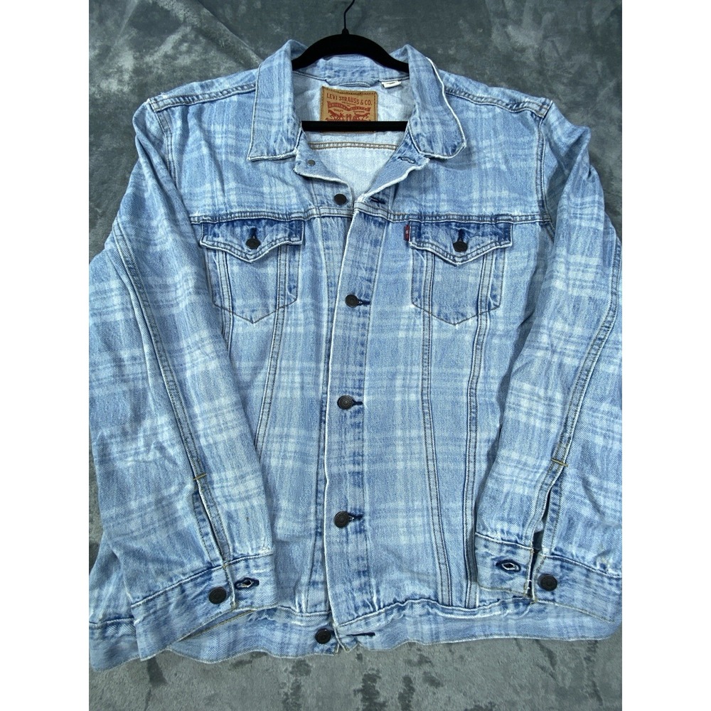 Levi's Jacket Mens 3XL Blue Denim Button Front Trucker Windowpane Plaid Workwear